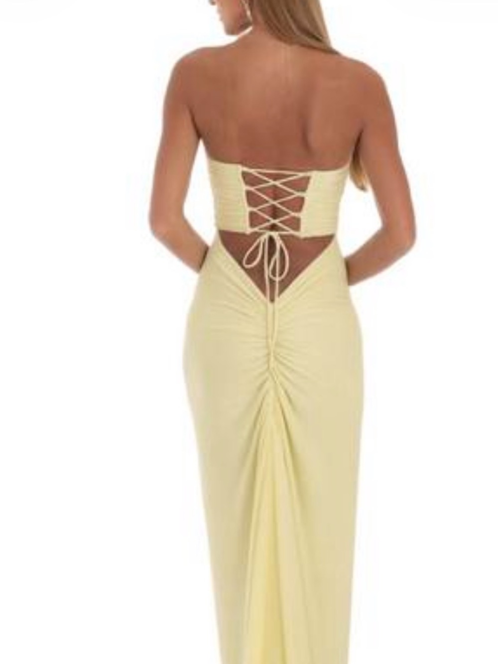 Lucy in the Sky Pale Yellow Strapless Lace-Up Back Maxi Dress